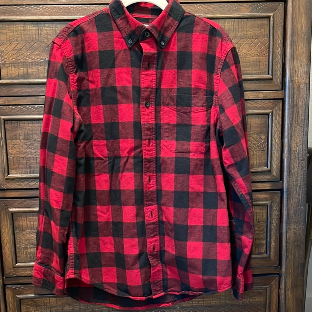 L.L. Bean Red and Black Casual Button Down Shirt
